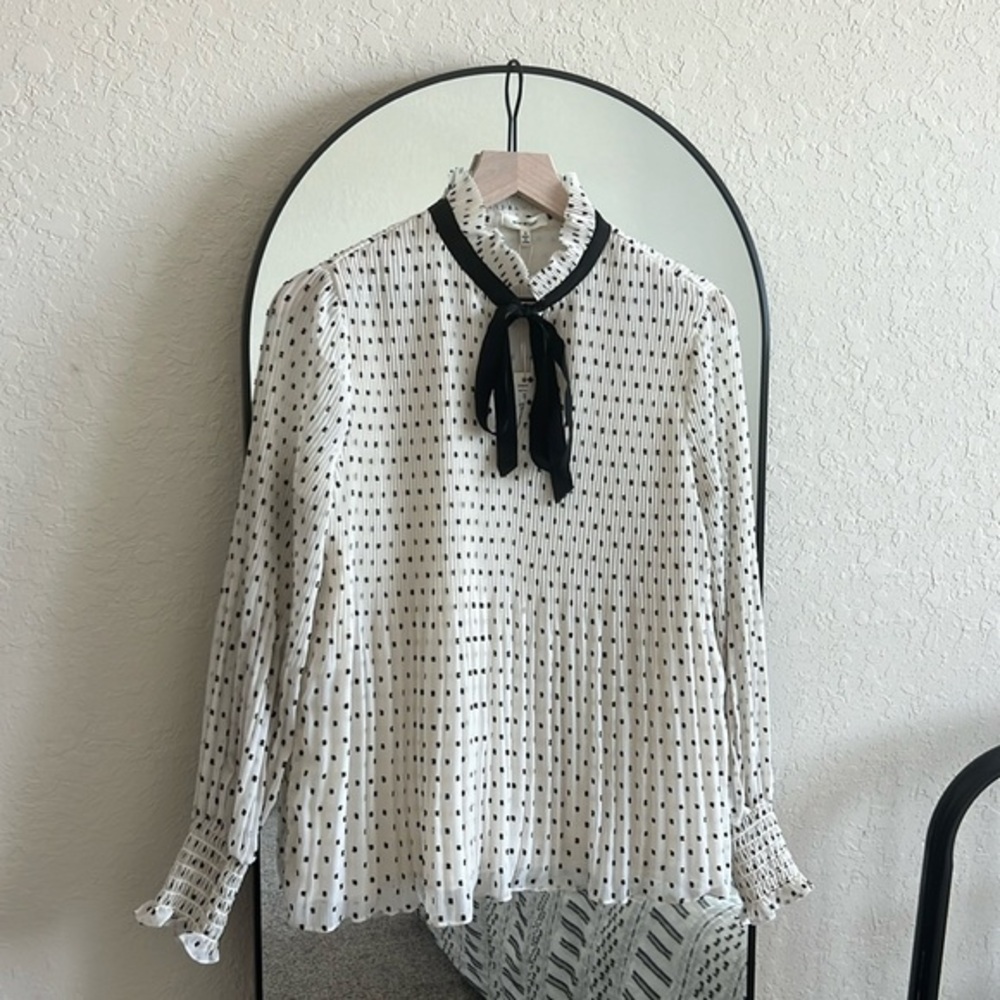 Max Studio Preppy Smocked Cream and Black Blouse